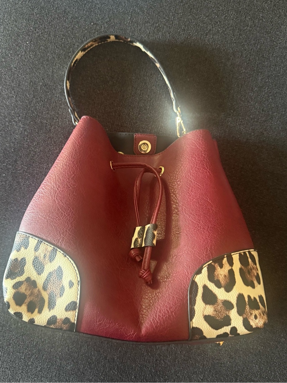 Wine Red Leopard Accent Bucket Bag